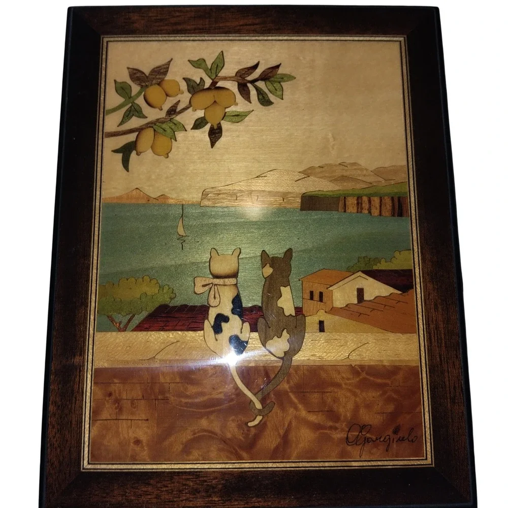 A Gargiulo Italian Wood Marquetry Plaque Sotto I Limoni Cats Mediterranean Art